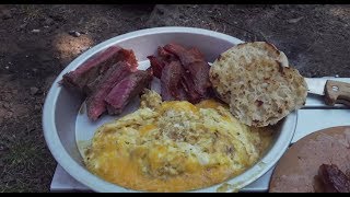 Steak amp Eggs  Bacon Cooked Over A Wood Fired Firebox Stove Camping Food [upl. by Ttnerb]