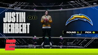 Oregon QB Justin Herbert gets drafted by the LA Chargers at No 6 overall  2020 NFL Draft [upl. by Ecniuq]