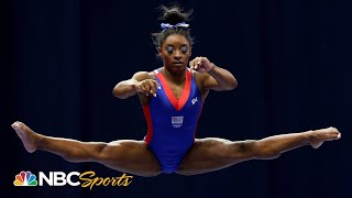 Simone Biles nails double double dismount wows with Trials Day 1 beam routine  NBC Sports [upl. by Aicilif]