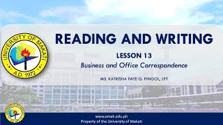 Lesson 13 Business and Office Correspondence  Reading and Writing [upl. by Kenn]