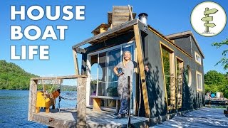 Living on a 4 Season Houseboat  Beautiful Floating Tiny House [upl. by Ahsenet597]