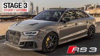 INSANE STAGE 3 AUDI RS3 8V 576HP  WHAT A ROCKET TTE700 HYBRID TURBO  METHANOL  NARDO GREY [upl. by Lebazej570]