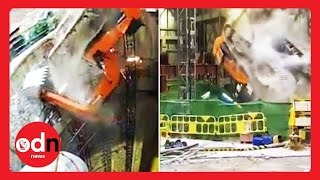 Shocking Moment Excavator Plunges Down Ventilation Shaft in Hong Kong [upl. by Chantalle]