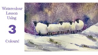 How To Paint Sheep In Snow Watercolour Painting Tutorial Using Just 3 Colours [upl. by Aihtnys188]