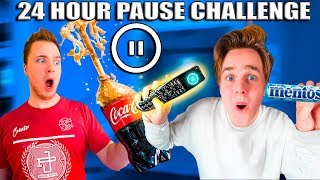 24 Hour PAUSE CHALLENGE Coke And Mentos Prank Papa Jake Vs Logan [upl. by Wulfe]