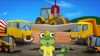 Construction Trucks Learn Teamwork  Geckos Garage  Digger Excavator Road Roller amp More [upl. by Nahtad]