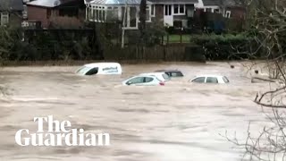 Storm Dennis cars swept away by flooding in Wales [upl. by Airbas]