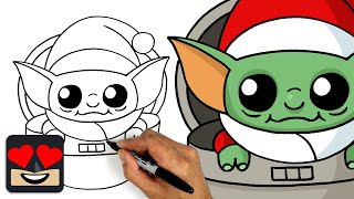 How To Draw Christmas Baby Yoda  Holiday Lesson [upl. by Ongineb370]