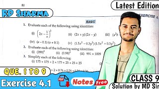 Ex 41 Q1 to Q9  RD Sharma Class 9  Chapter 4 Algebraic Identities  MD Sir 9 [upl. by Zamir225]