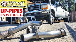 2001 F350 73  RiffRaff UpPipes Install  Stock up pipes leaking and falling apart JUNK SP [upl. by Sev]