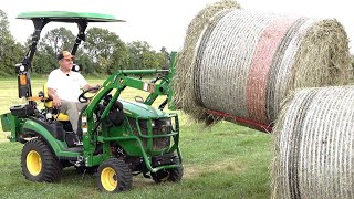 Can Deere 1025R LIFT Bales Deere 2038R and 5210 Bucketeer [upl. by Htnicayh]