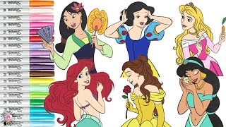 Disney Princess Coloring Book Compilation Belle Jasmine Aurora Mulan Ariel and Snow White [upl. by Ymmij]