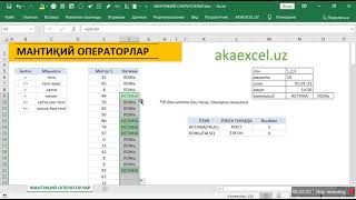 MICROSOFT EXCEL ДАСТУРИДА МАНТИҚИЙ АМАЛЛАРОПЕРАТОРЛАР EXCEL DASTURIDA MANTIQIY AMALLAR [upl. by Schober]