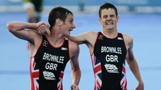 Jonny Brownlee helped over line by brother Alistair [upl. by Ellehcir]