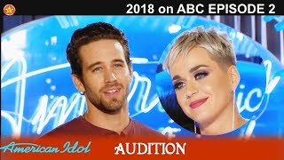 Trevor Holmes construction worker Katy Perry SWOONING BLUSHING Audition American Idol 2018 Episode 2 [upl. by Tamis]