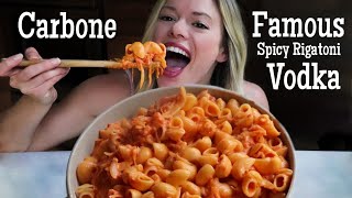 Carbone Famous Spicy Rigatoni Vodka Mukbang  Recipe [upl. by Navlys539]