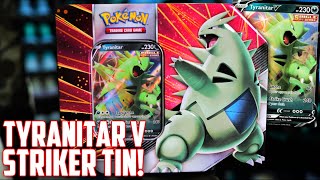 WHAT PACKS are INSIDE Tyranitar V Strikers Tin Opening [upl. by Eimmot]