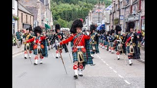 Massed Pipes amp Drums parade through Deeside town to start the Ballater Highland Games 2018 [upl. by Theo]