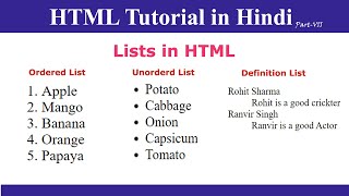 HTML Lists in Hindi  Ordered List  Unordered List  Definition List [upl. by Denae]