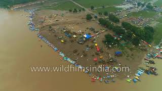 Triveni Sangam at Allahabad where Ganga Yamuna and mythical Saraswati meet aerial view [upl. by Llertrac974]