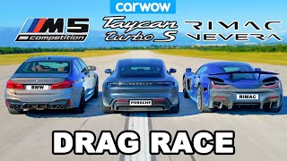 Rimac Nevera vs Porsche Taycan vs BMW M5 DRAG RACE [upl. by Nairrad]